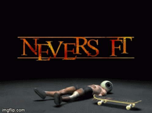 A Man With A Helmet On His Head Is Riding A Skateboard In Front Of The Word Never GIF