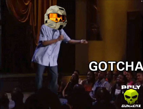 A Man With A Helmet On His Head Is Standing In Front Of A Crowd With The Words Gotcha Bitch GIF