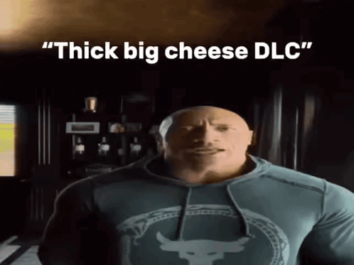 A Man With A Hoodie That Says " Thick Big Cheese Dlc " On It GIF