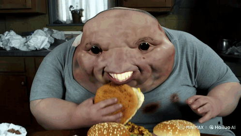 A Man With A Huge Face Is Eating A Hamburger With The Watermark Minimax GIF