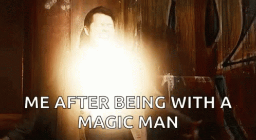 A Man With A Light Coming Out Of His Mouth And The Words `` Me After Being With A Magic Man '' . GIF