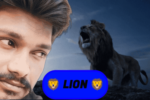 A Man With A Lion Behind Him And The Word Lion On A Blue Circle GIF