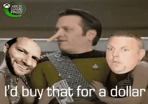 A Man With A Long Nose Is Holding A Dollar Bill While Two Other Men Look On . GIF