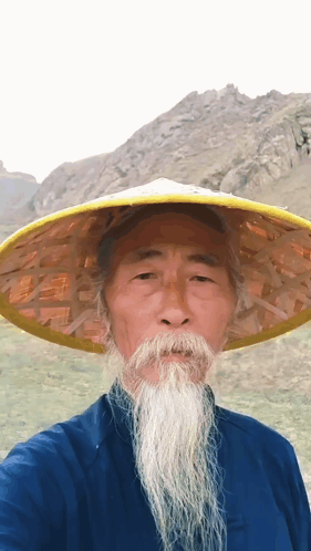 A Man With A Long White Beard Wearing A Yellow Hat GIF