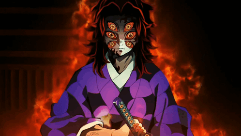A Man With A Mask On His Face Is Holding A Sword In Front Of A Fire Background GIF