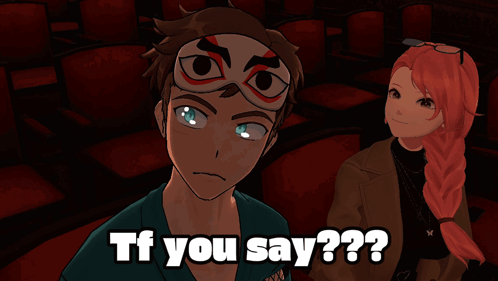 A Man With A Mask On His Head Says " If You Say " Next To A Woman With Red Hair GIF