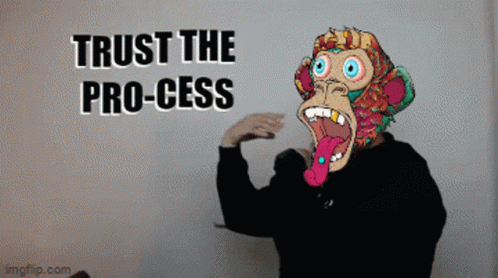 A Man With A Monkey Mask On His Face Says Trust The Process GIF