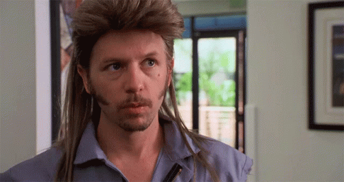 A Man With A Mullet And A Beard Is Looking At The Camera GIF