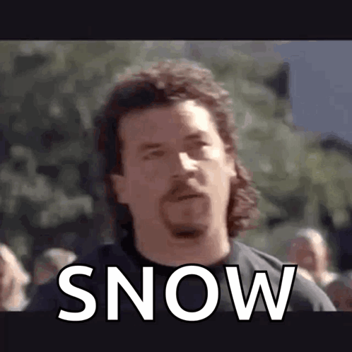 A Man With A Mullet And A Beard Is Standing In Front Of A Crowd And The Word Snow Is On His Face . GIF