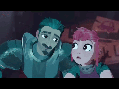 A Man With A Mustache And A Girl With Pink Hair Are Looking At Each Other GIF