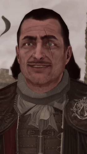 a man with a mustache and a scarf around his neck is wearing a leather vest