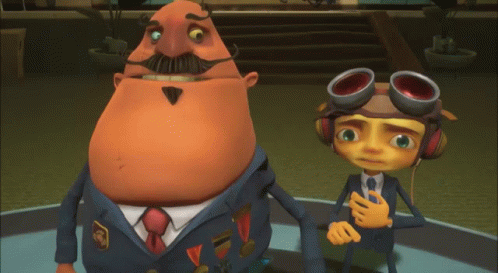 A Man With A Mustache And Goggles Stands Next To A Boy GIF