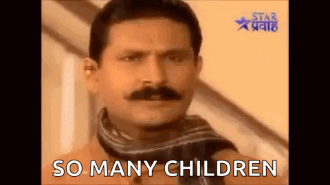 A Man With A Mustache And Scarf Is Making A Funny Face And Says `` So Many Children '' . GIF