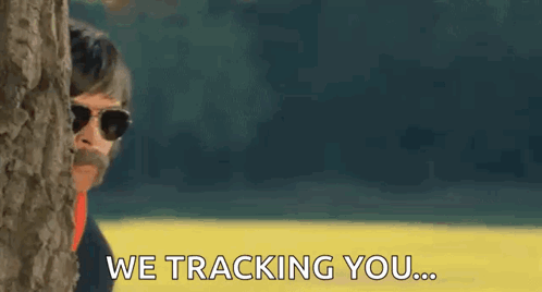 A Man With A Mustache And Sunglasses Is Peeking Out From Behind A Tree And Says We Tracking You GIF