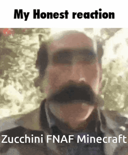 A Man With A Mustache Has The Words My Honest Reaction Zucchini Fnaf Minecraft Below Him GIF