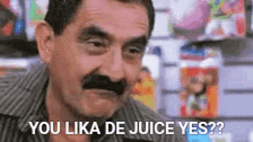 A Man With A Mustache Is Asking If He Likes De Juice GIF