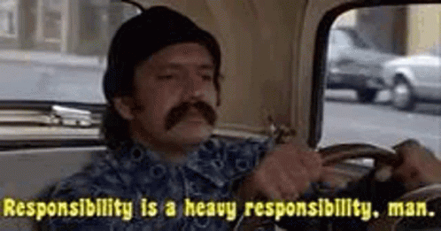 A Man With A Mustache Is Driving A Car And Saying `` Responsibility Is A Heavy Responsibility Man . '' GIF