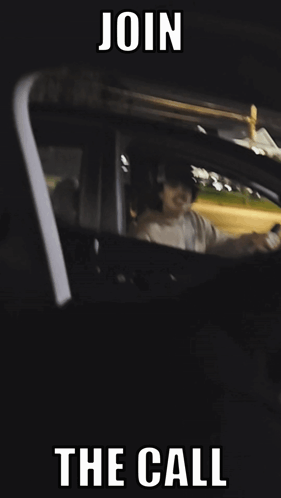 A Man With A Mustache Is Driving A Car With The Words Join The Call Below Him GIF