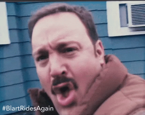 A Man With A Mustache Is Making A Funny Face With The Hashtag #Blartridesagain GIF