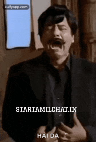 A Man With A Mustache Is Making A Funny Face With The Words Hai Da On The Bottom GIF