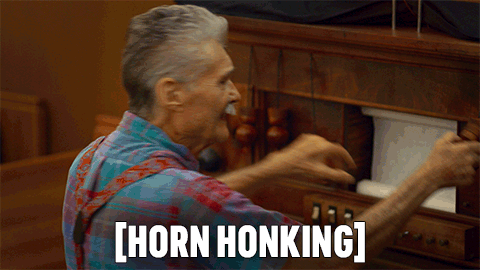 A Man With A Mustache Is Playing A Horn Honking Toy GIF
