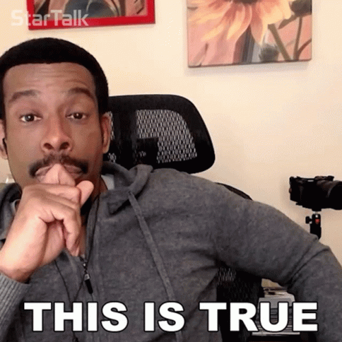 A Man With A Mustache Is Sitting In A Chair With His Hand On His Chin And The Words This Is True Above Him GIF