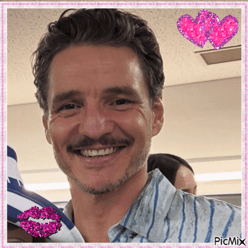 A Man With A Mustache Is Smiling In A Picture With Hearts And A Kiss On His Lips GIF