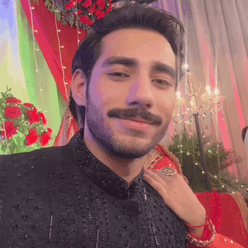 A Man With A Mustache Is Smiling In Front Of A Red Curtain GIF
