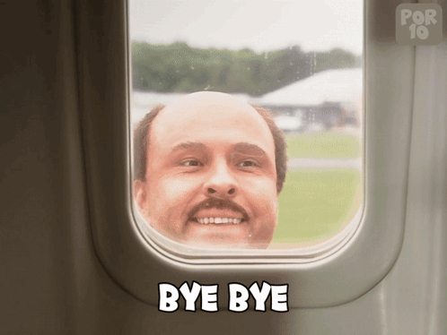 A Man With A Mustache Is Smiling While Looking Out Of An Airplane Window With The Words Bye Bye Below Him GIF