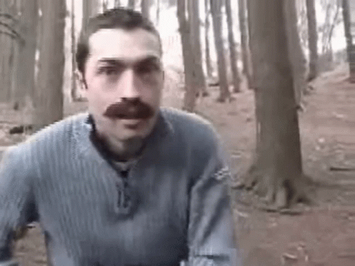 a man with a mustache is standing in a forest .