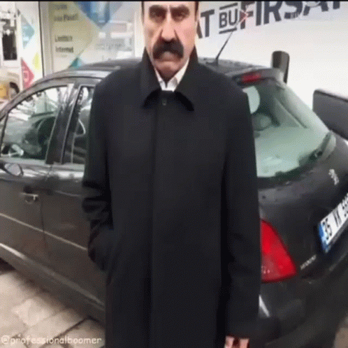 A Man With A Mustache Is Standing In Front Of A Car That Has A License Plate That Starts With Gs GIF