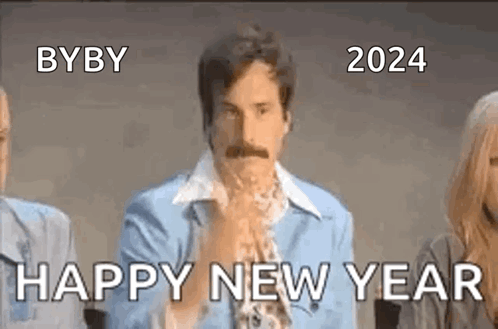 A Man With A Mustache Is Standing In Front Of A Group Of People And Says Happy New Year . GIF