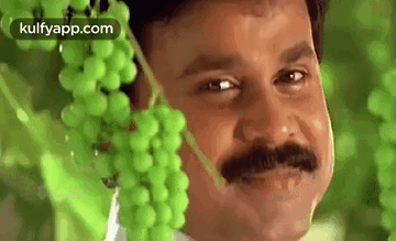 A Man With A Mustache Is Standing Next To A Bunch Of Grapes . GIF