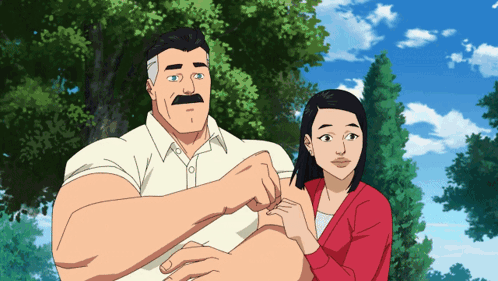 A Man With A Mustache Is Standing Next To A Woman In A Red Sweater GIF