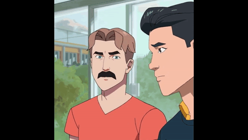 A Man With A Mustache Is Standing Next To Another Man In A Cartoon . GIF