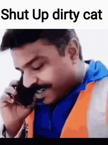 a man with a mustache is talking on a cell phone and says shut up dirty cat .