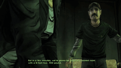 a man with a mustache is talking to another man in a game
