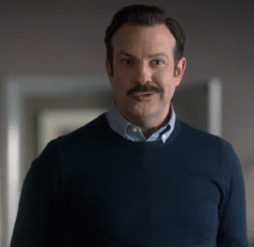 A Man With A Mustache Is Wearing A Blue Shirt And A Blue Sweater GIF