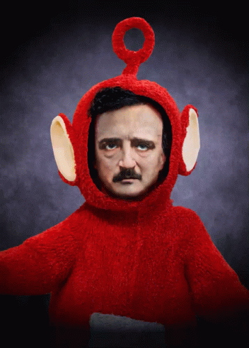 A Man With A Mustache Is Wearing A Red Teletubby Costume GIF