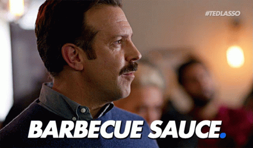 A Man With A Mustache Says Barbecue Sauce In White GIF