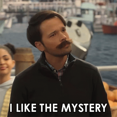A Man With A Mustache Says " I Like The Mystery " In Front Of A Boat GIF