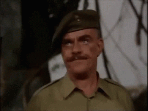 A Man With A Mustache Wearing A Green Beret And A Green Shirt . GIF