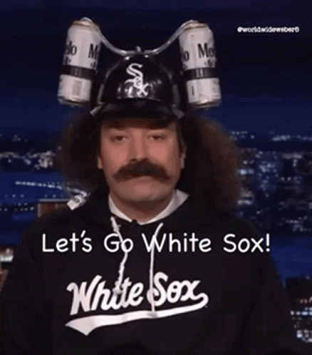 A Man With A Mustache Wearing A White Sox Shirt And A Hat GIF