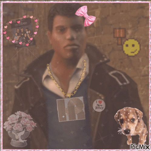 A Man With A Necklace That Says I Love New Jersey On It GIF