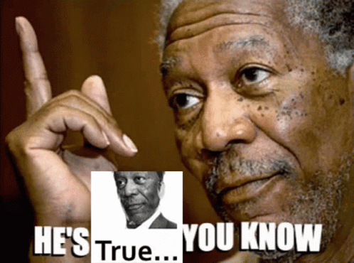 A Man With A Picture Of A Man And The Words He 'S True You Know Behind Him GIF