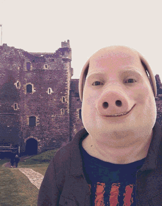 A Man With A Pig 'S Face And A Castle In The Background GIF