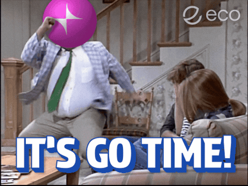 A Man With A Pink Balloon On His Head And The Words " It 'S Go Time " GIF