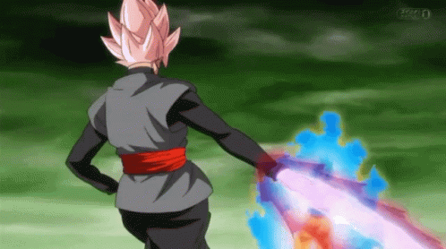 A Man With A Pink Hair And A Black Shirt Is Holding A Purple Sword GIF