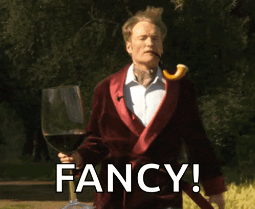 A Man With A Pipe In His Mouth Is Holding A Glass Of Wine And The Word Fancy Is Below Him GIF