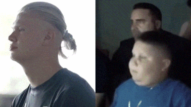 A Man With A Ponytail And A Boy With A Blue Shirt Are Sitting Next To Each Other GIF